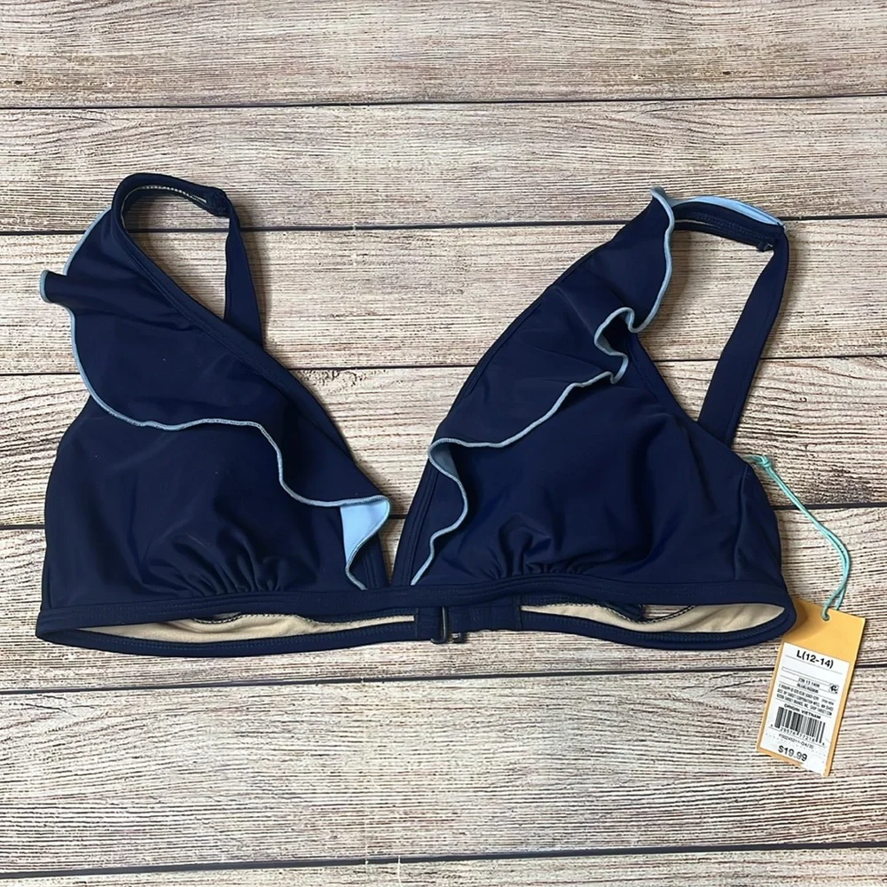 Kona Sol NWT Ruffled Oxford Blue Bikini Top Large - Picture 3 of 8